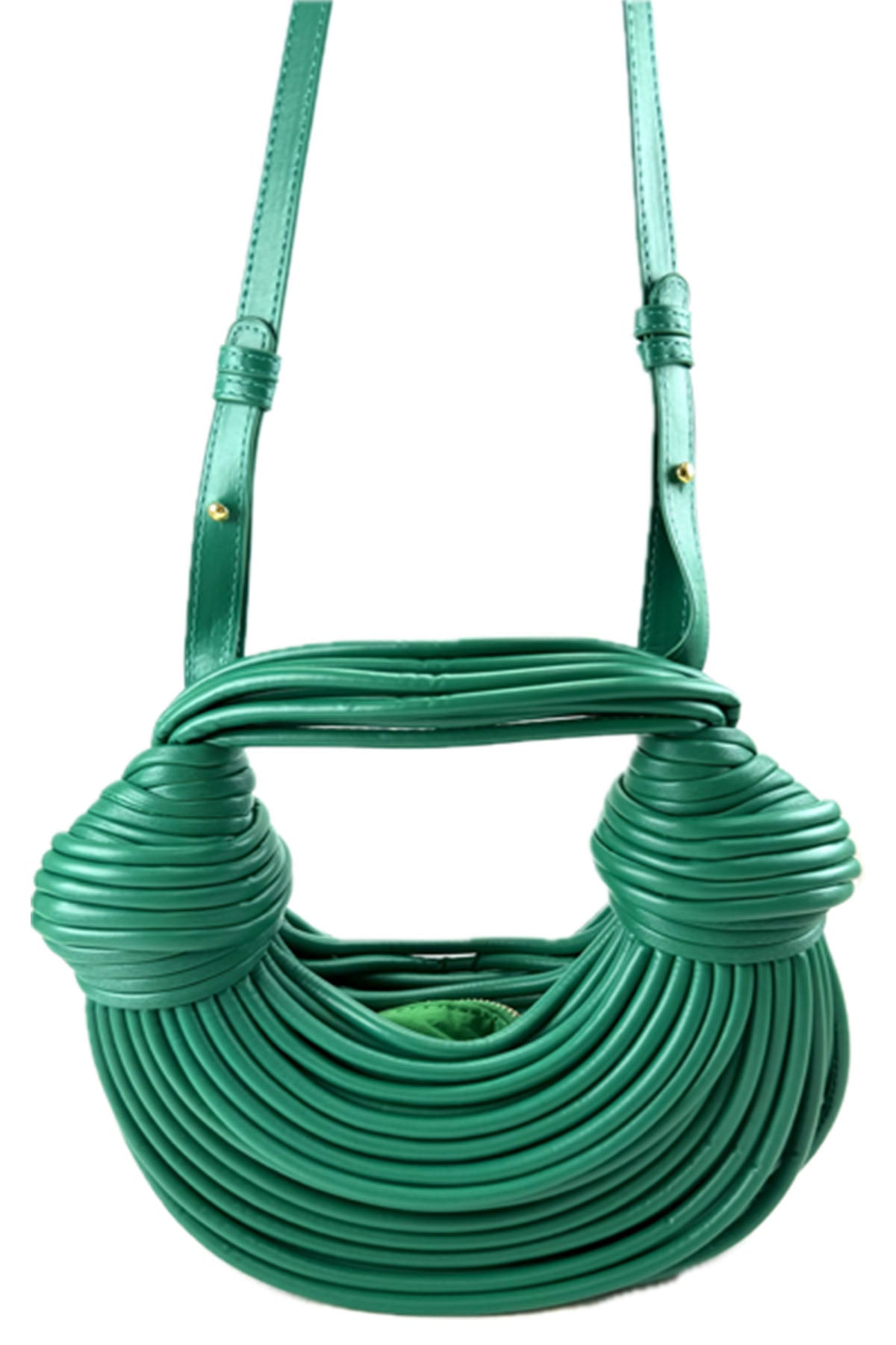 Stylish Rope Knotted Pulled Handbag made of faux leather with adjustable strap and zipper closure.