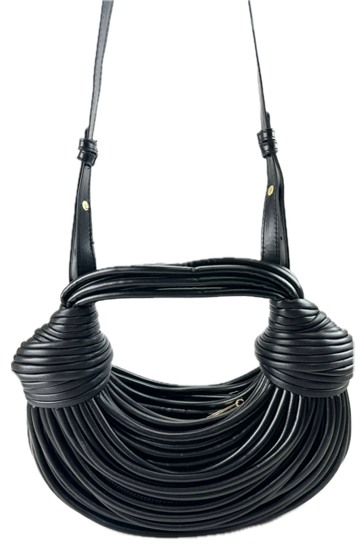 Stylish Rope Knotted Pulled Handbag made of faux leather with adjustable strap and zipper closure.