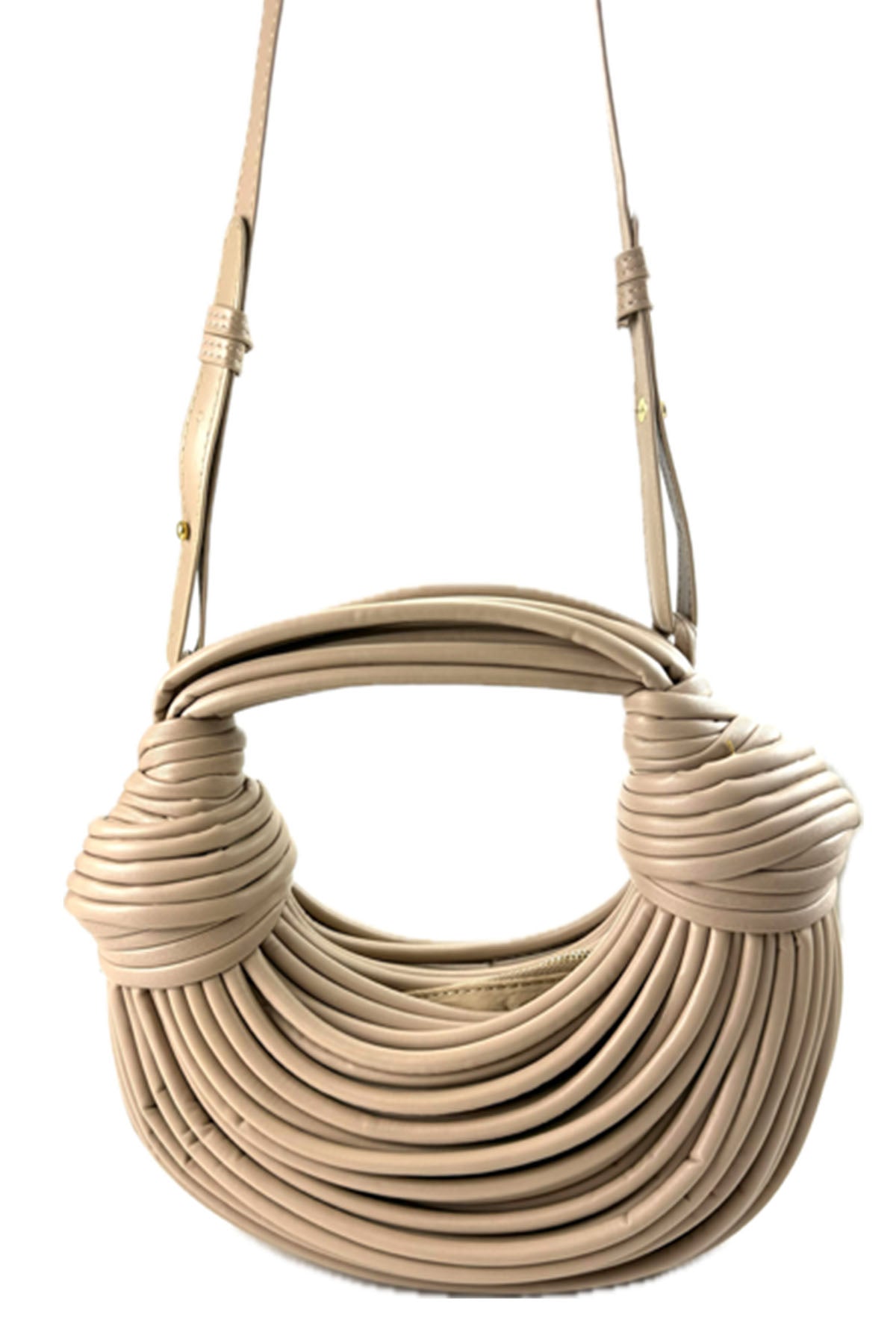 Stylish Rope Knotted Pulled Handbag made of faux leather with adjustable strap and zipper closure.