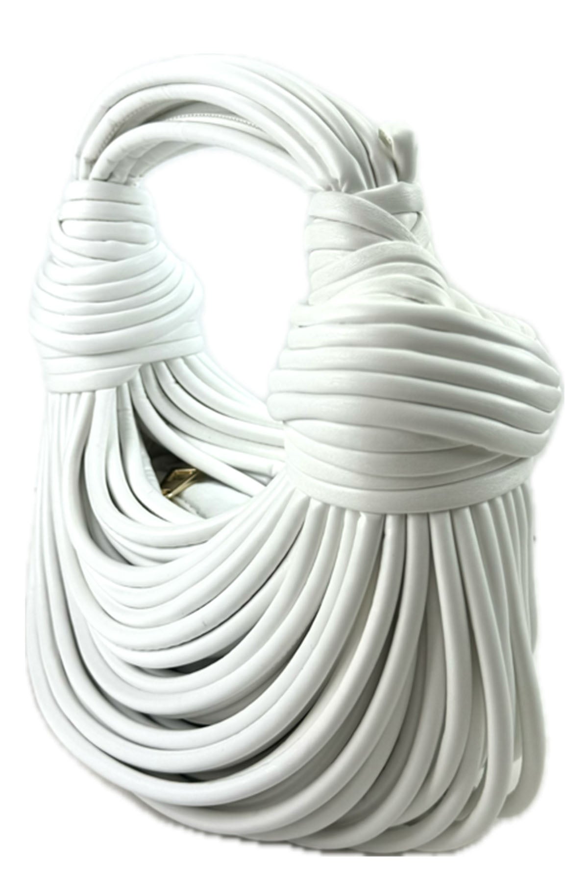 Stylish Rope Knotted Pulled Handbag made of faux leather with adjustable strap and zipper closure.