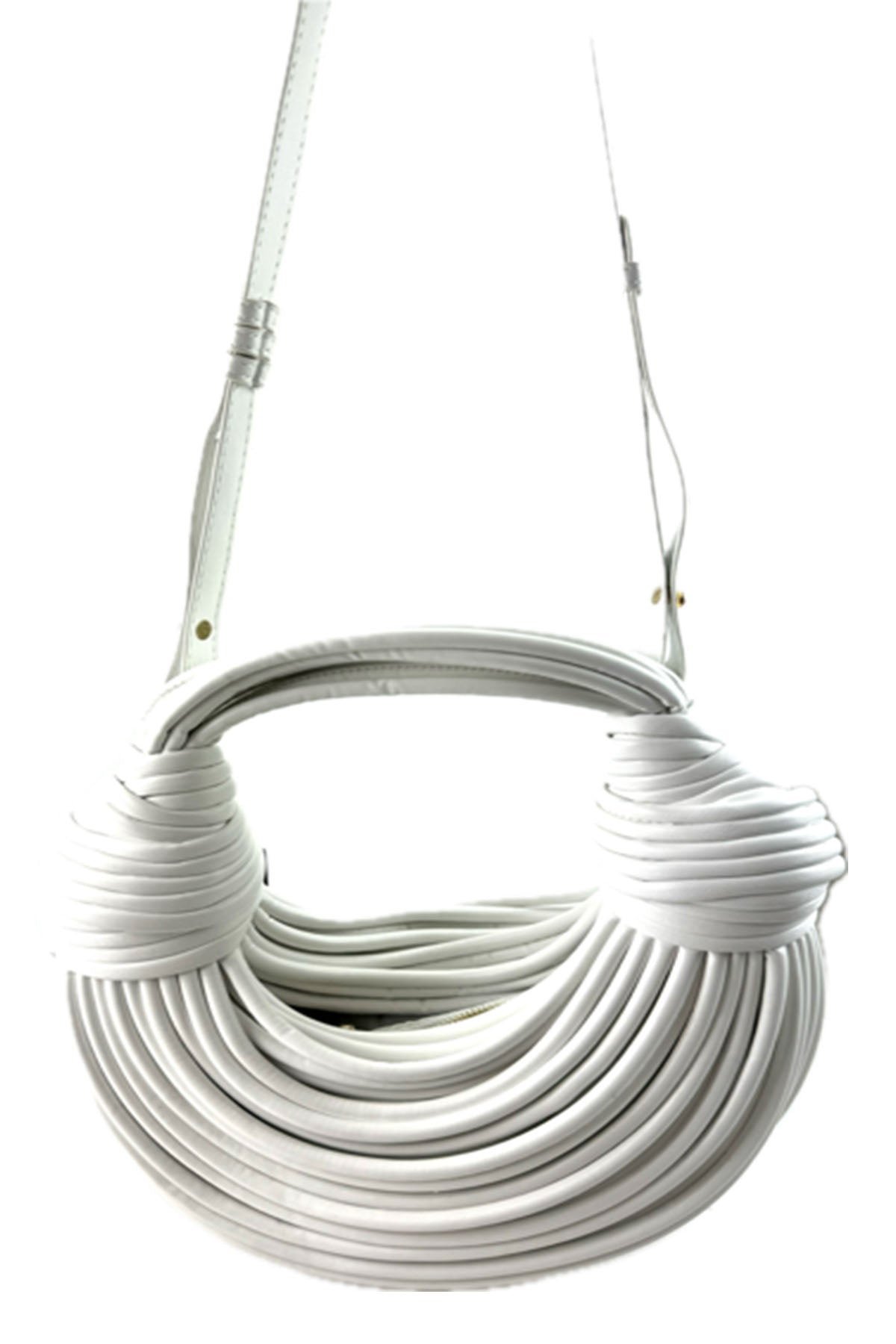 Stylish Rope Knotted Pulled Handbag made of faux leather with adjustable strap and zipper closure.