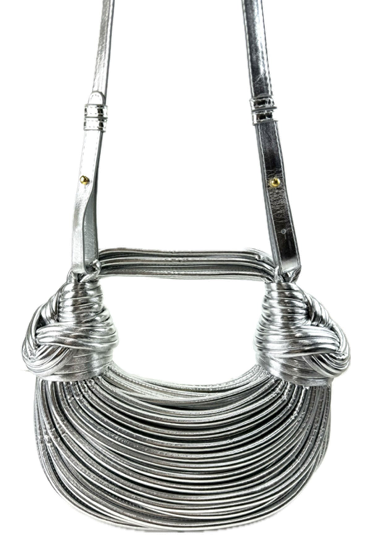 Stylish Rope Knotted Pulled Handbag made of faux leather with adjustable strap and zipper closure.