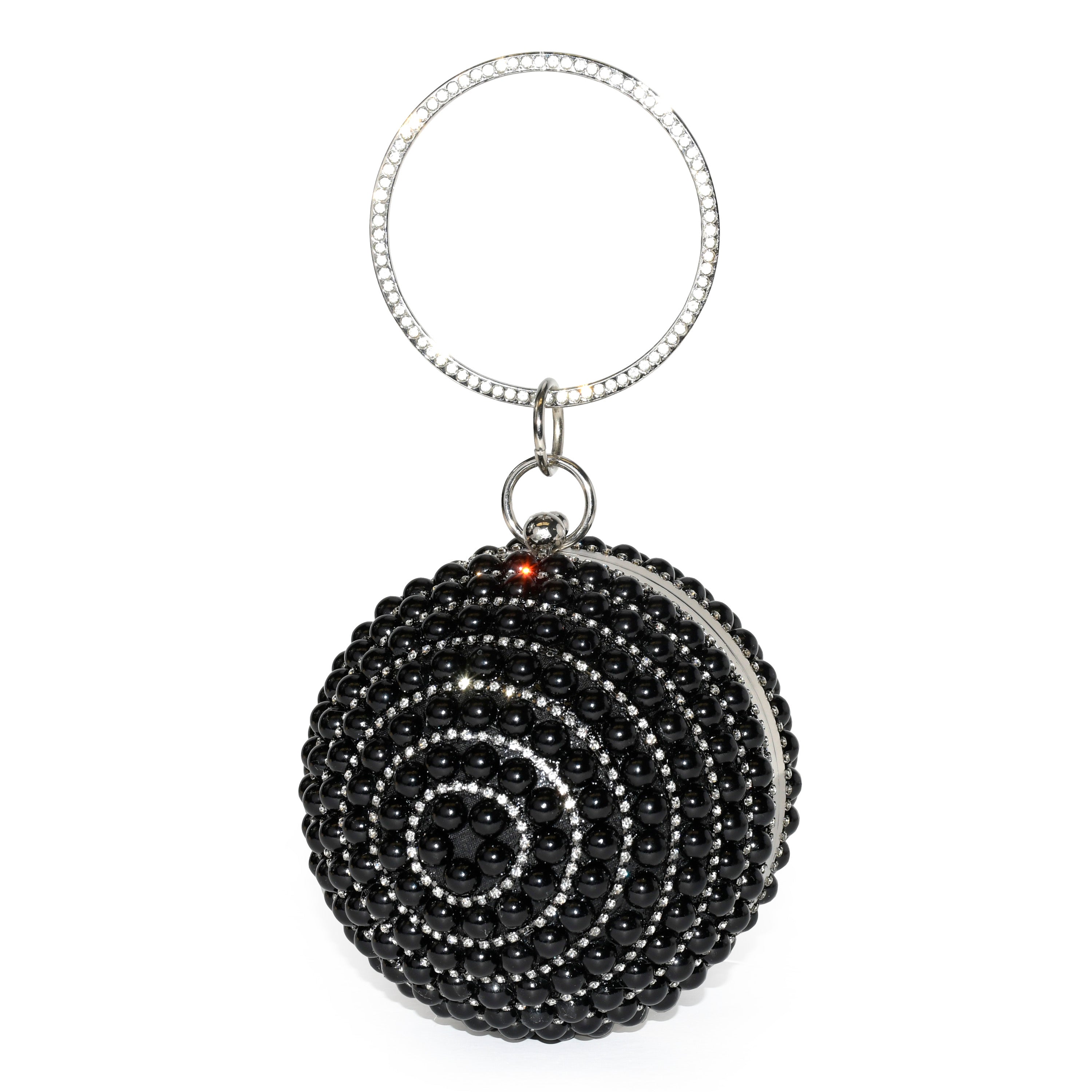 Elegant Round Beaded Evening Bag with round metal handle and detachable chain strap, showcasing intricate beadwork.