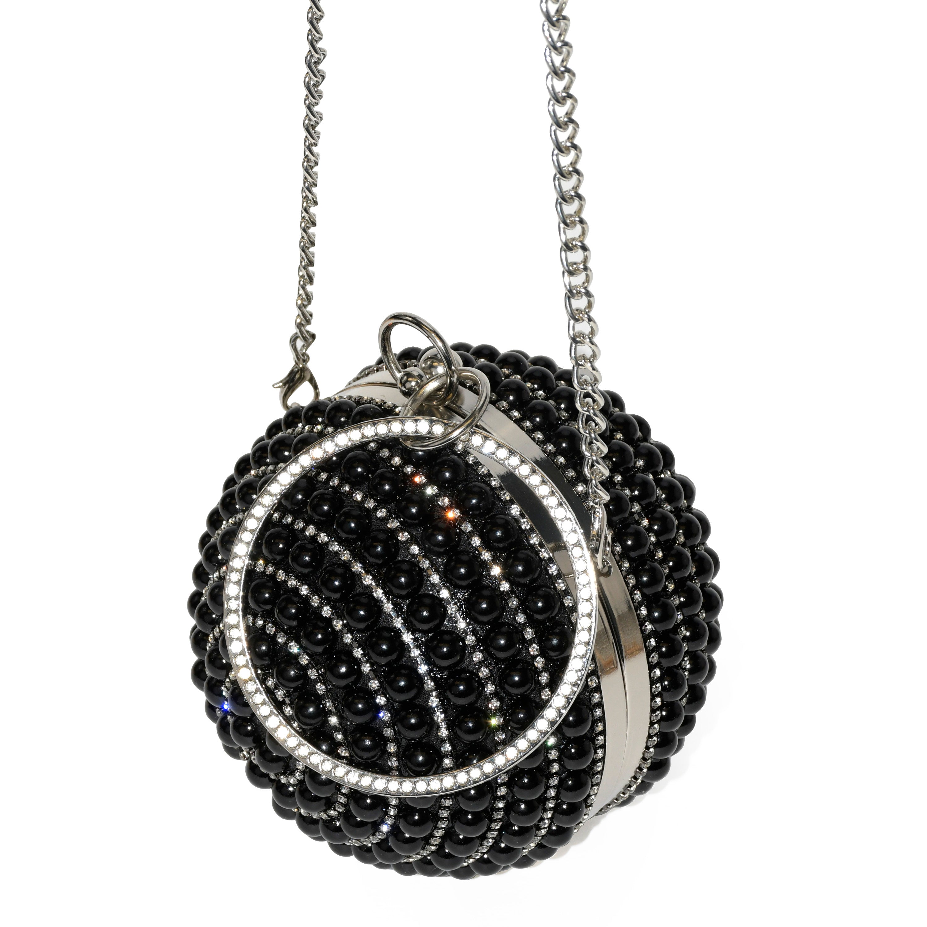 Elegant Round Beaded Evening Bag with round metal handle and detachable chain strap, showcasing intricate beadwork.