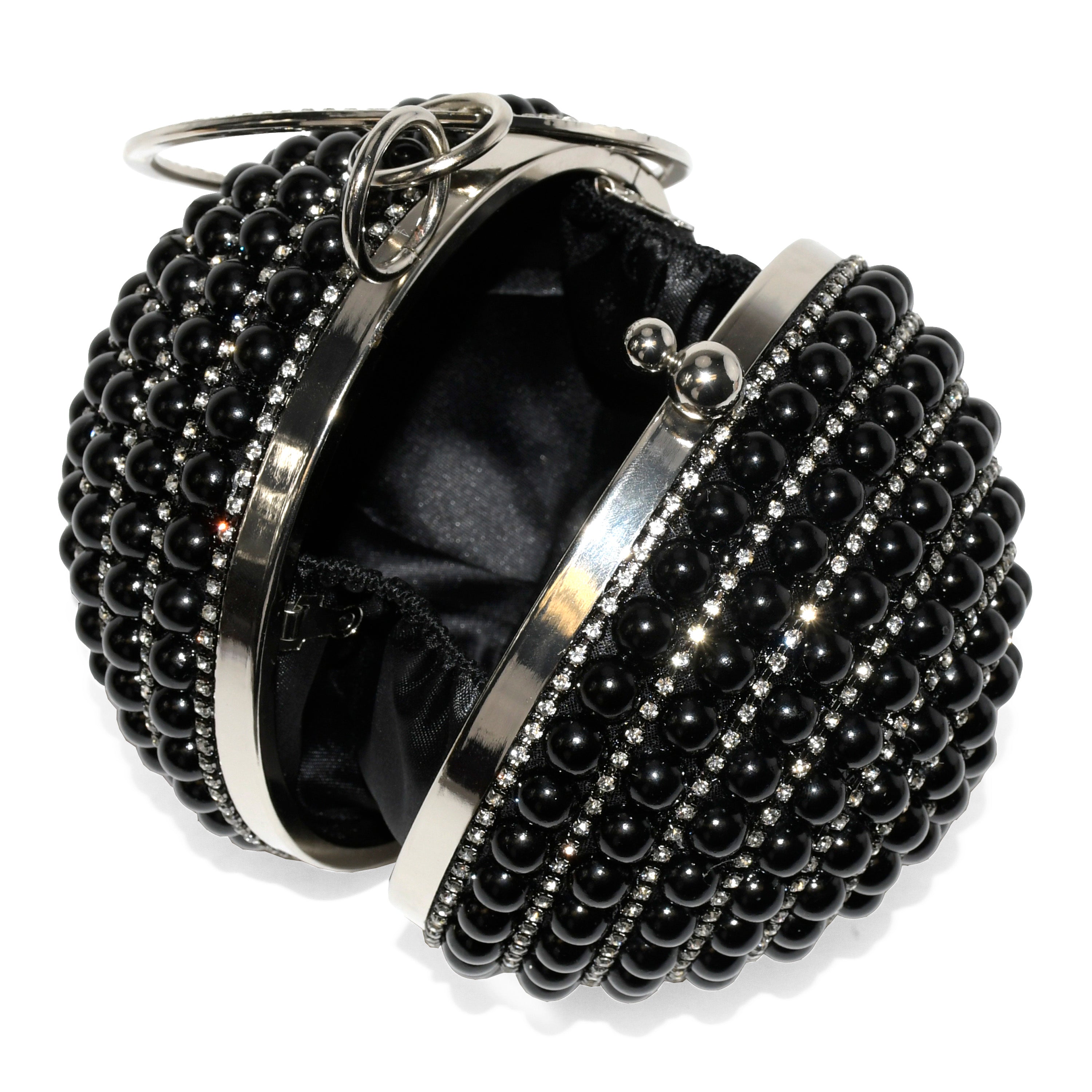 Elegant Round Beaded Evening Bag with round metal handle and detachable chain strap, showcasing intricate beadwork.