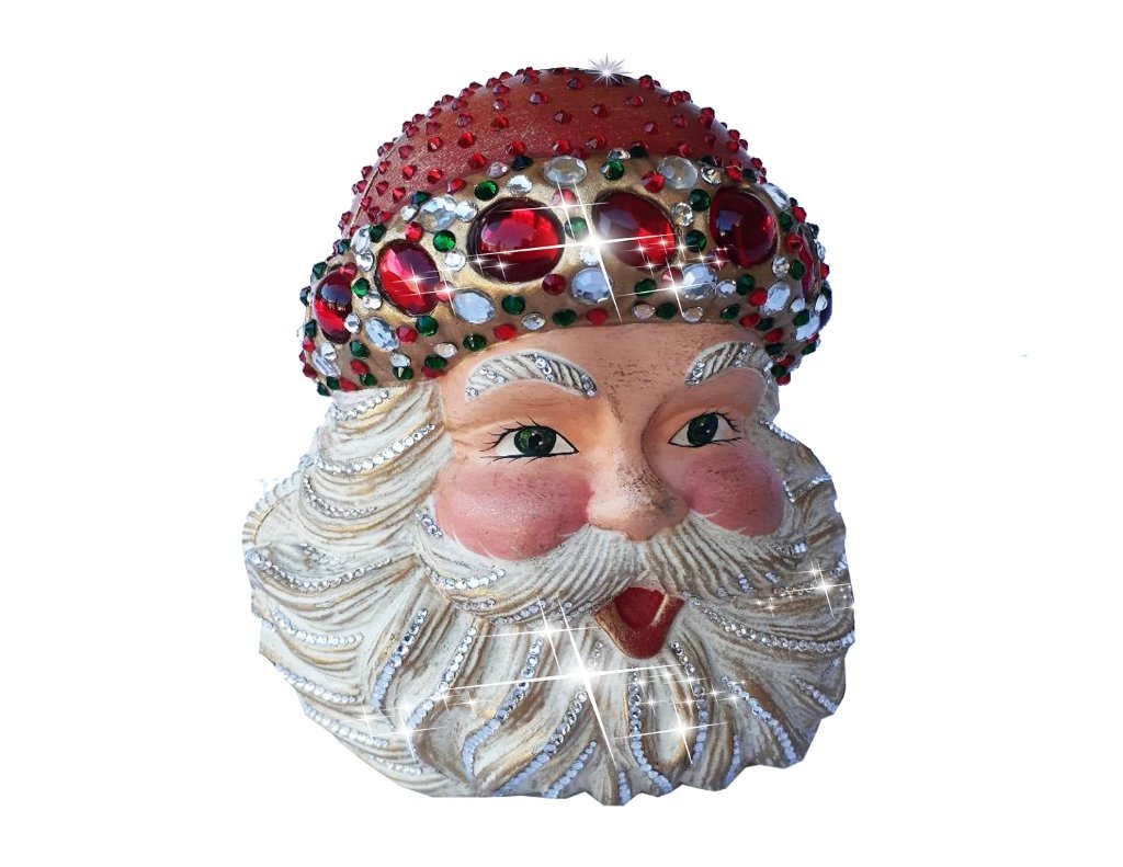 Collectible large Santa figure with red and gold trim, intricately hand-carved and adorned with Swarovski crystals, finished in high gloss lacquer.