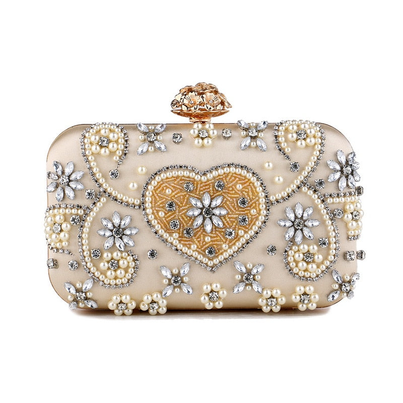 Satin vintage evening bag for women featuring a metal flower design and luxury diamonds, perfect for parties.