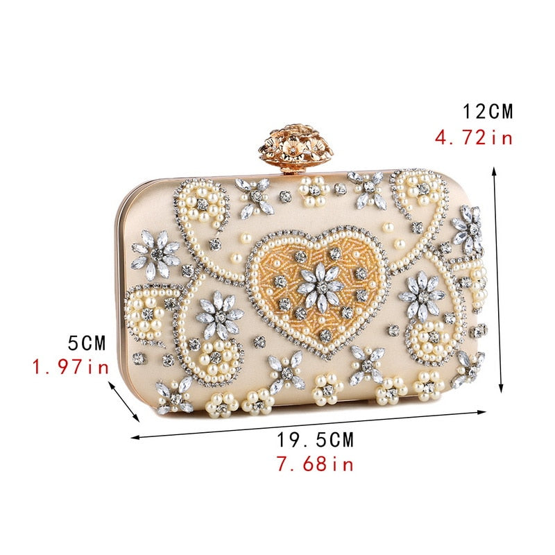 Satin vintage evening bag for women featuring a metal flower design and luxury diamonds, perfect for parties.