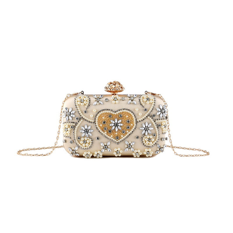 Satin vintage evening bag for women featuring a metal flower design and luxury diamonds, perfect for parties.