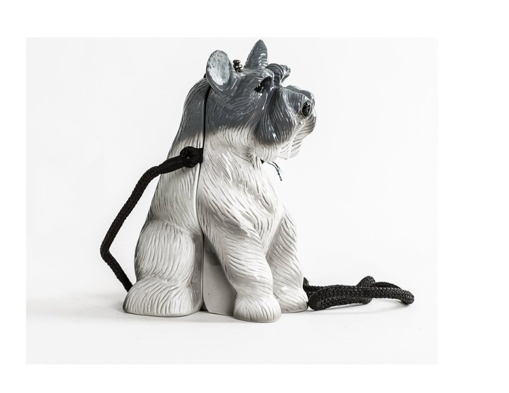 Schnauzer - Grey handbag made from carved Acacia wood with satin lining and shoulder strap.