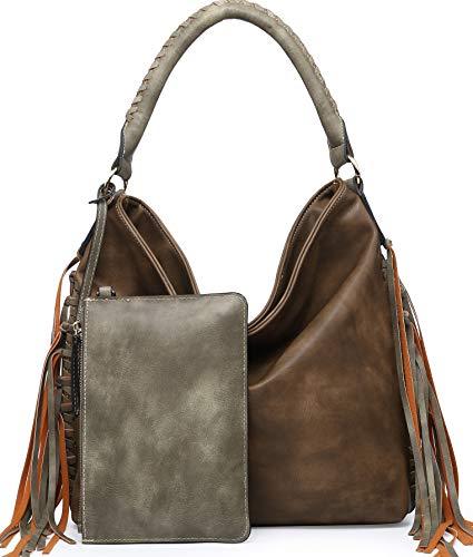 SHOMICO Hobo Bag for Women in khaki brown with stylish fringes and braided handle, showcasing its spacious design and detachable pouch.