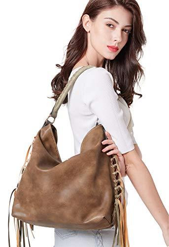 SHOMICO Hobo Bag for Women in khaki brown with stylish fringes and braided handle, showcasing its spacious design and detachable pouch.