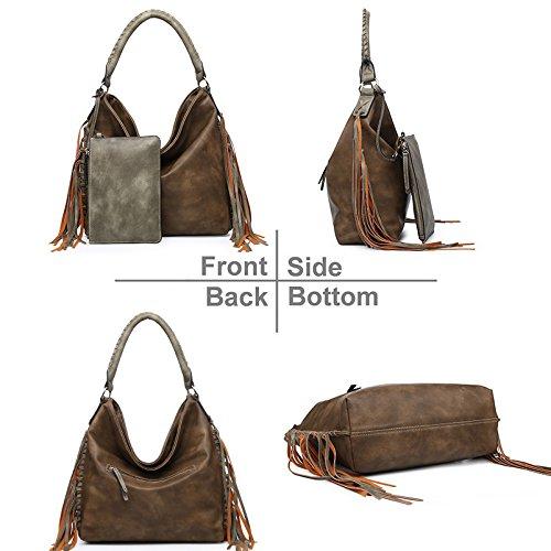 SHOMICO Hobo Bag for Women in khaki brown with stylish fringes and braided handle, showcasing its spacious design and detachable pouch.