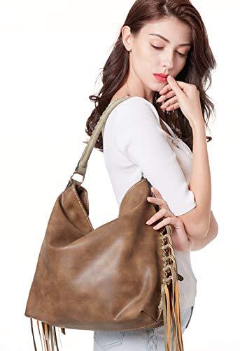 SHOMICO Hobo Bag for Women in khaki brown with stylish fringes and braided handle, showcasing its spacious design and detachable pouch.