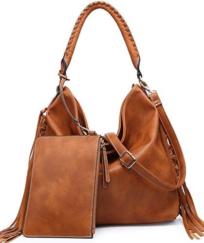 SHOMICO Oversize Hobo Bag in tan color with stylish fringes and braided handle, showcasing its spacious design and detachable pouch.