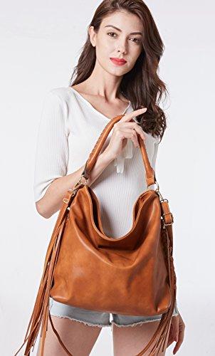 SHOMICO Oversize Hobo Bag in tan color with stylish fringes and braided handle, showcasing its spacious design and detachable pouch.