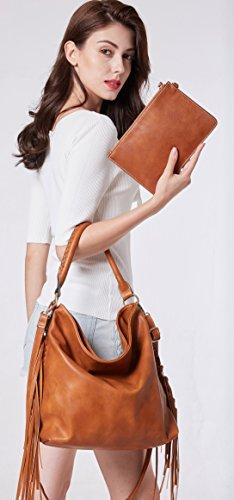 SHOMICO Oversize Hobo Bag in tan color with stylish fringes and braided handle, showcasing its spacious design and detachable pouch.