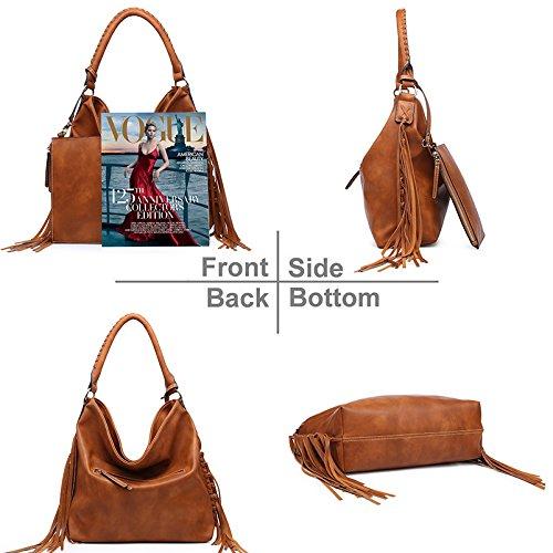 SHOMICO Oversize Hobo Bag in tan color with stylish fringes and braided handle, showcasing its spacious design and detachable pouch.