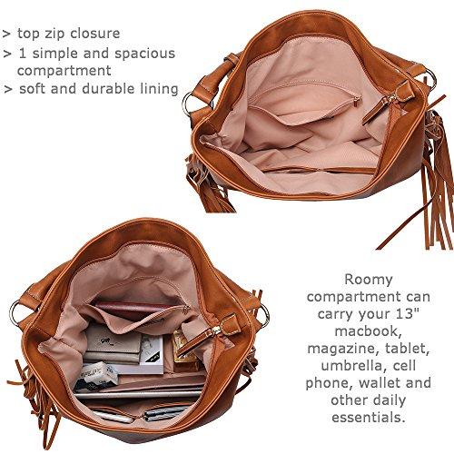 SHOMICO Oversize Hobo Bag in tan color with stylish fringes and braided handle, showcasing its spacious design and detachable pouch.