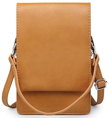 SHOMICO Women Small Crossbody Purse in camel color, showcasing its sleek design and compartments for cell phone and essentials.