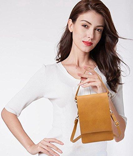 SHOMICO Women Small Crossbody Purse in camel color, showcasing its sleek design and compartments for cell phone and essentials.