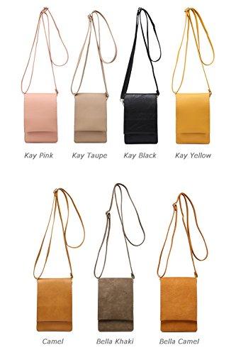 SHOMICO Women Small Crossbody Purse in camel color, showcasing its sleek design and compartments for cell phone and essentials.