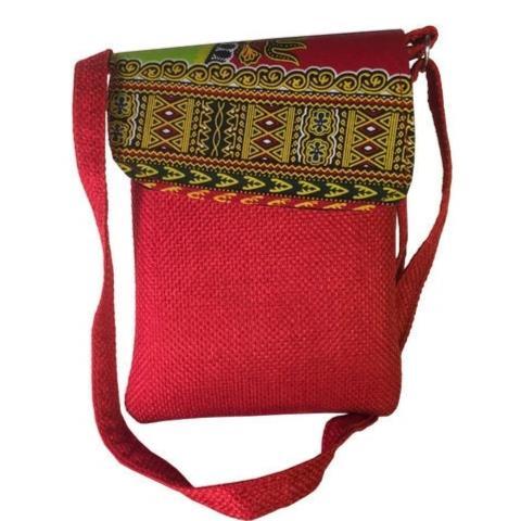 A vibrant maroon Shoulder Khanga Bag featuring traditional African Kitengi fabric flap and hessian woven body, ideal for laptops and daily essentials.