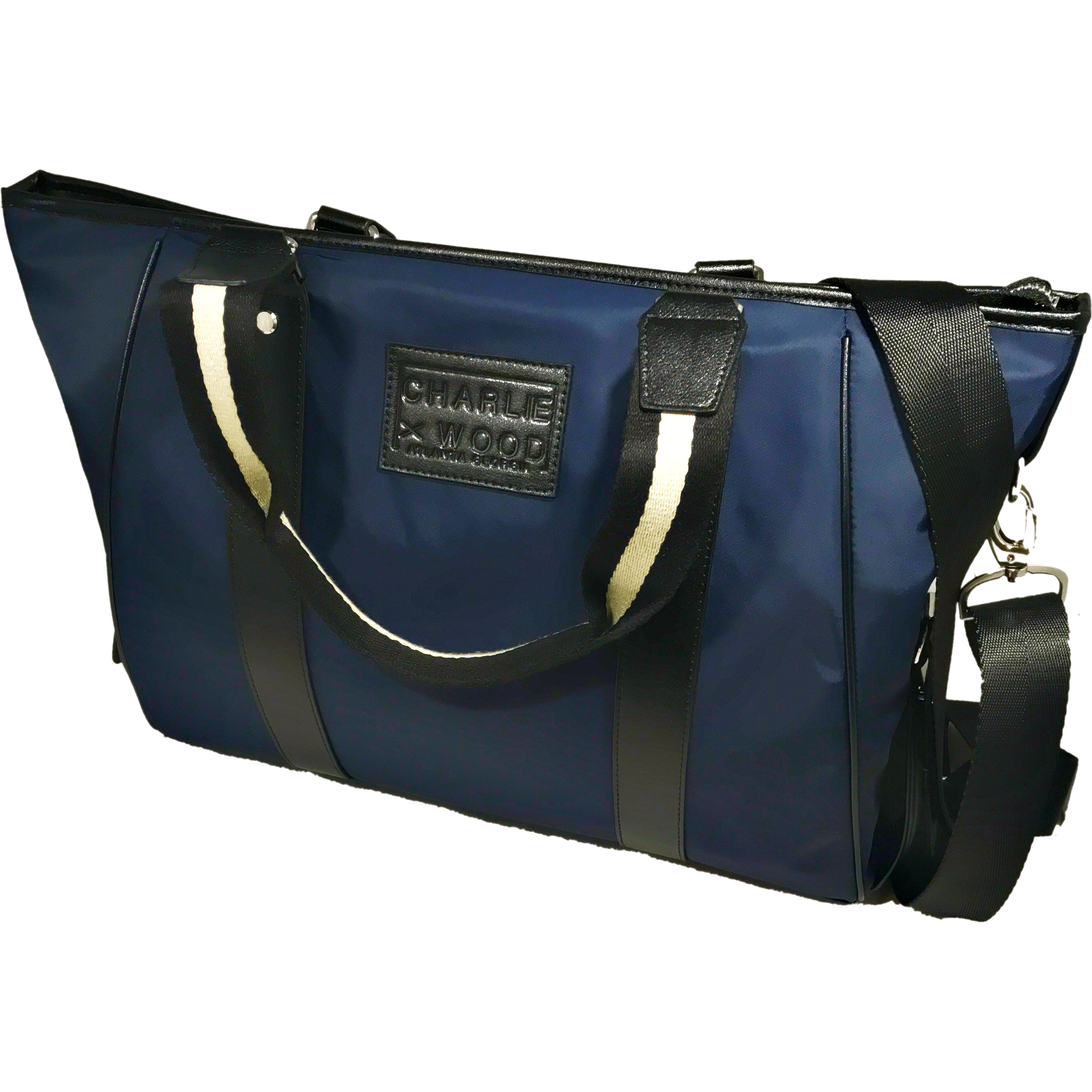 Sinclair Nylon laptop bag in navy color, showcasing its sleek design and spacious compartments, perfect for office use.