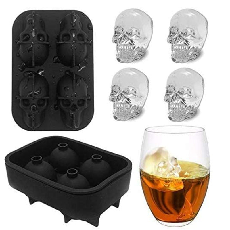 Skeleton skull shape ice cube mold made of silicone, designed to create spooky ice cubes for drinks, perfect for Halloween parties.