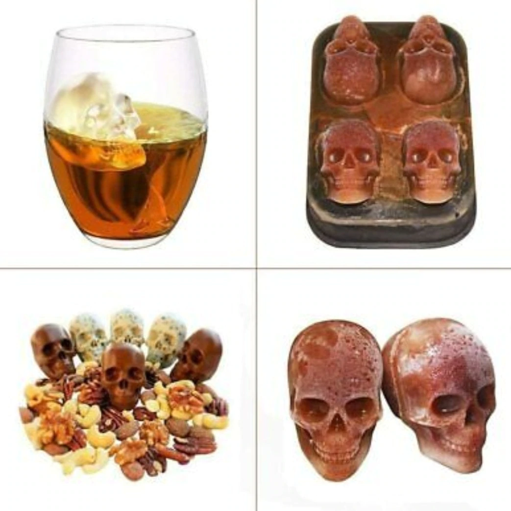 Skeleton skull shape ice cube mold made of silicone, designed to create spooky ice cubes for drinks, perfect for Halloween parties.