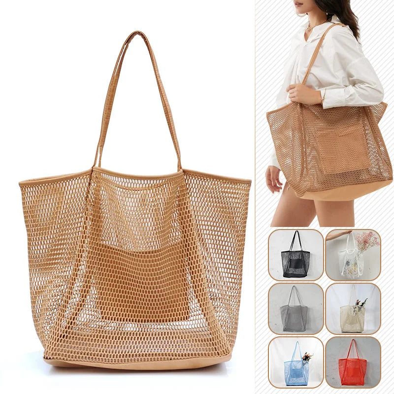 A large capacity hollow mesh tote bag in solid color, perfect for travel and beach outings, showcasing its lightweight and foldable design.