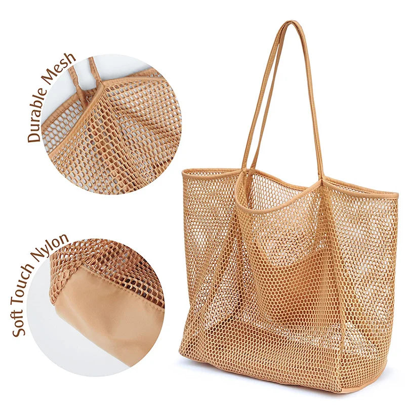 A large capacity hollow mesh tote bag in solid color, perfect for travel and beach outings, showcasing its lightweight and foldable design.