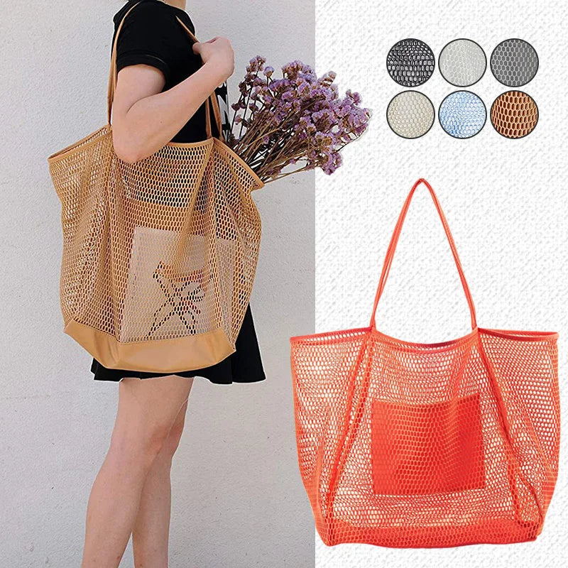 A large capacity hollow mesh tote bag in solid color, perfect for travel and beach outings, showcasing its lightweight and foldable design.