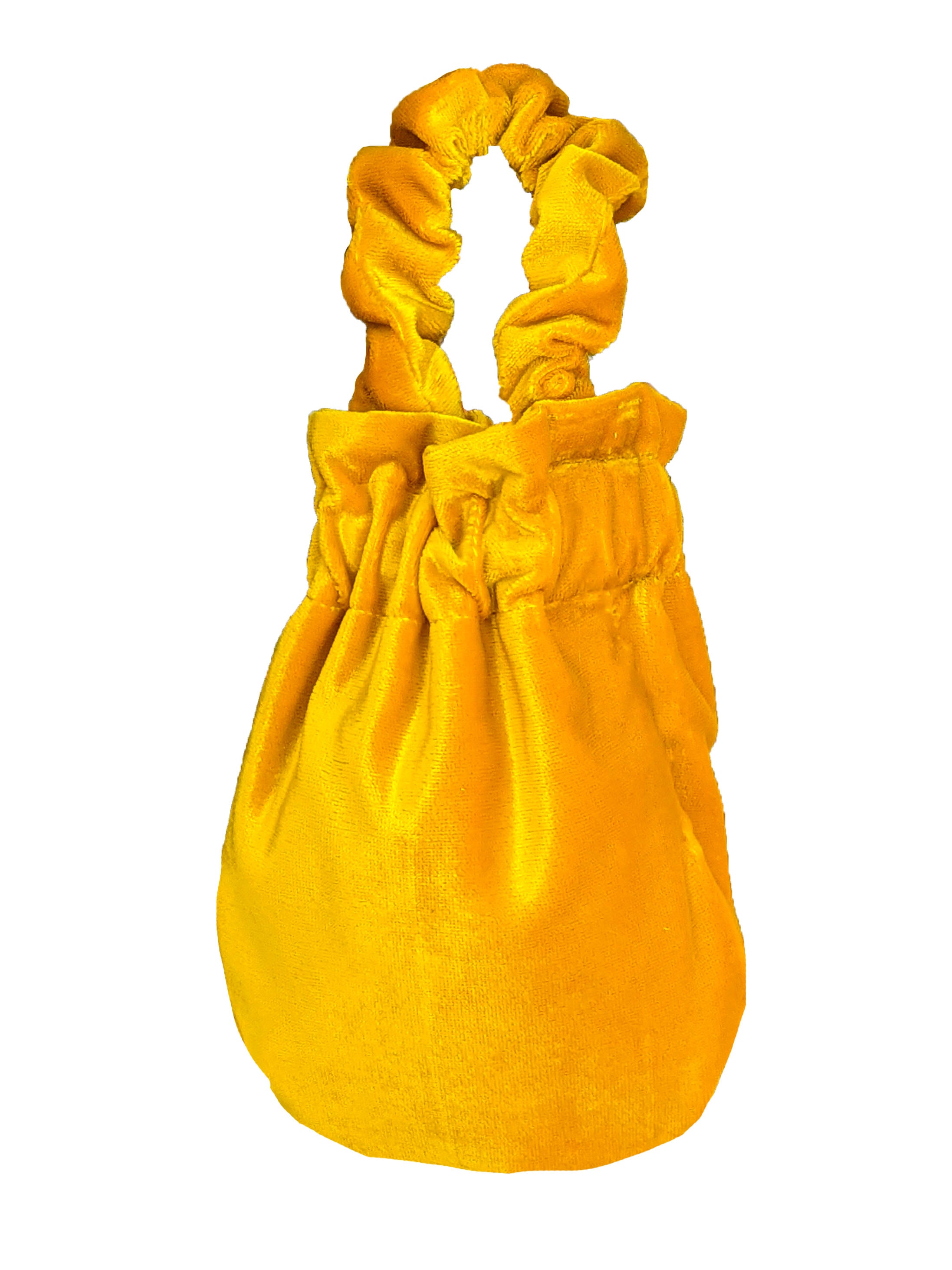 A stylish deep yellow velvet wristlet bag with a sleek design, perfect for various occasions.