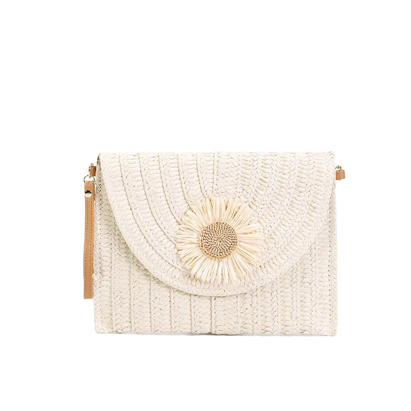 Stylish straw woven shoulder crossbody beach clutch bag for women, featuring a flap design and cell phone pocket.