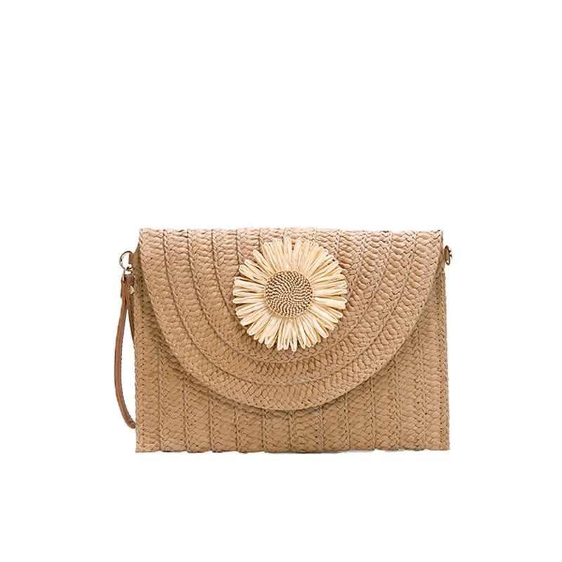 Stylish straw woven shoulder crossbody beach clutch bag for women, featuring a flap design and cell phone pocket.