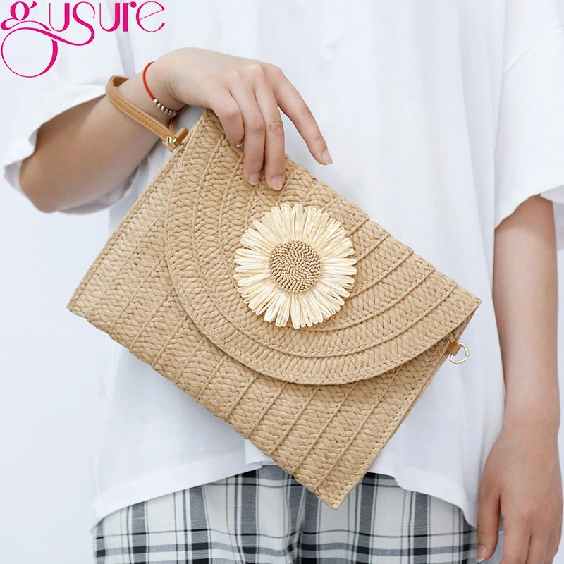 Stylish straw woven shoulder crossbody beach clutch bag for women, featuring a flap design and cell phone pocket.