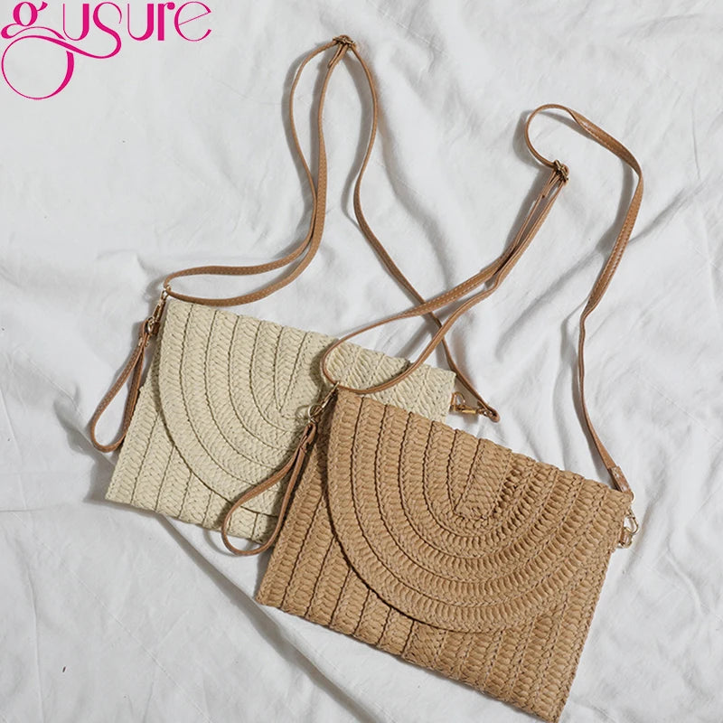 Stylish straw woven shoulder crossbody beach clutch bag for women, featuring a flap design and cell phone pocket.