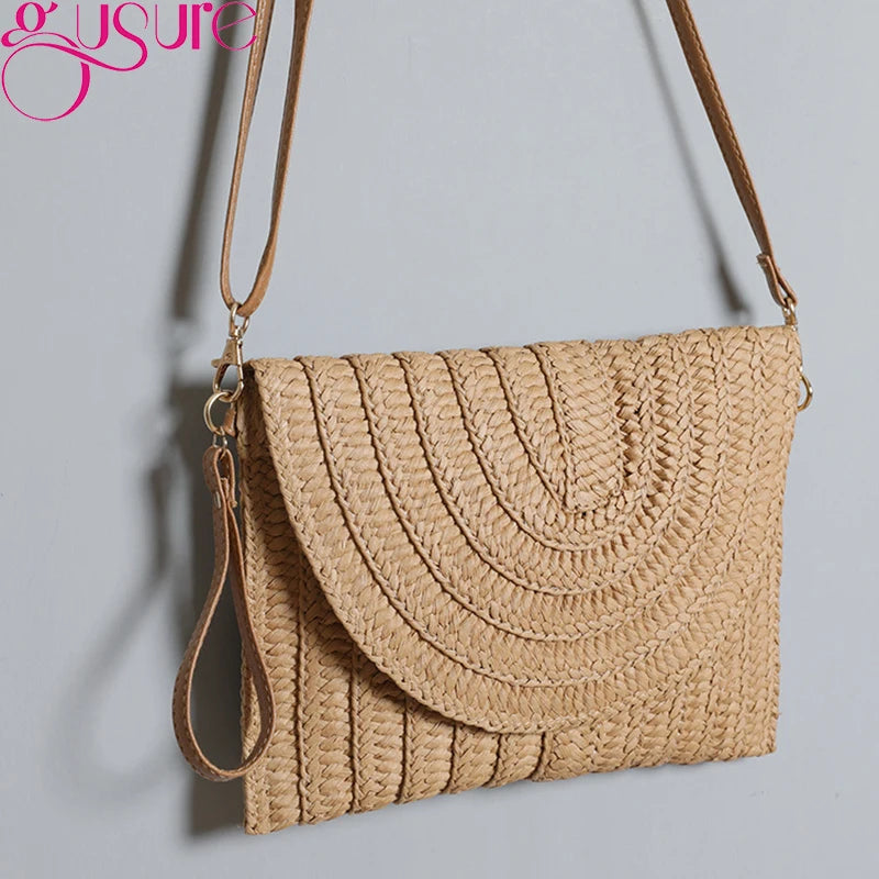 Stylish straw woven shoulder crossbody beach clutch bag for women, featuring a flap design and cell phone pocket.