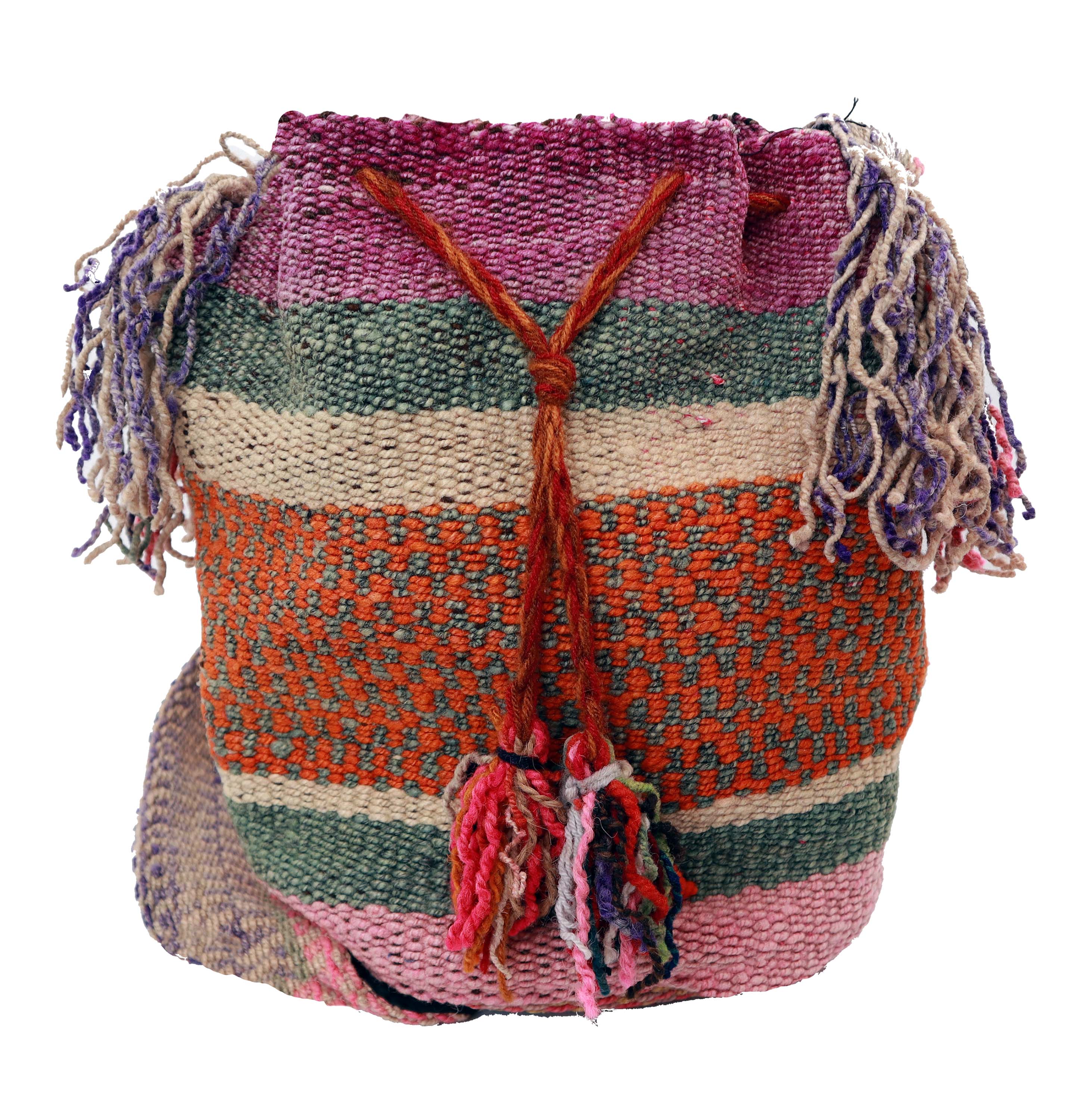 A beautifully handwoven Subdued, Fringed, Bucket style Crossbody Bag featuring vibrant Bayadere Stripe patterns in pink and sage, with intricate tassels and fringe.