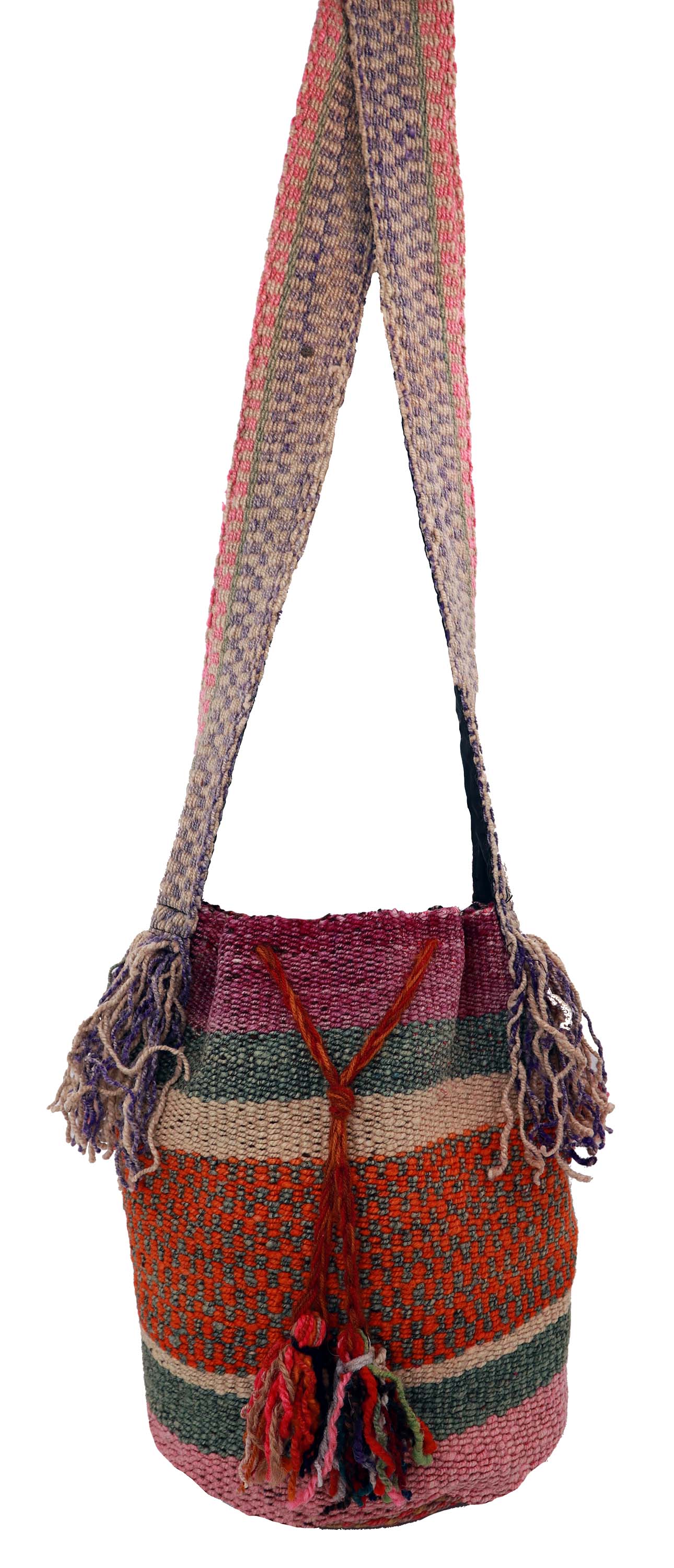 A beautifully handwoven Subdued, Fringed, Bucket style Crossbody Bag featuring vibrant Bayadere Stripe patterns in pink and sage, with intricate tassels and fringe.