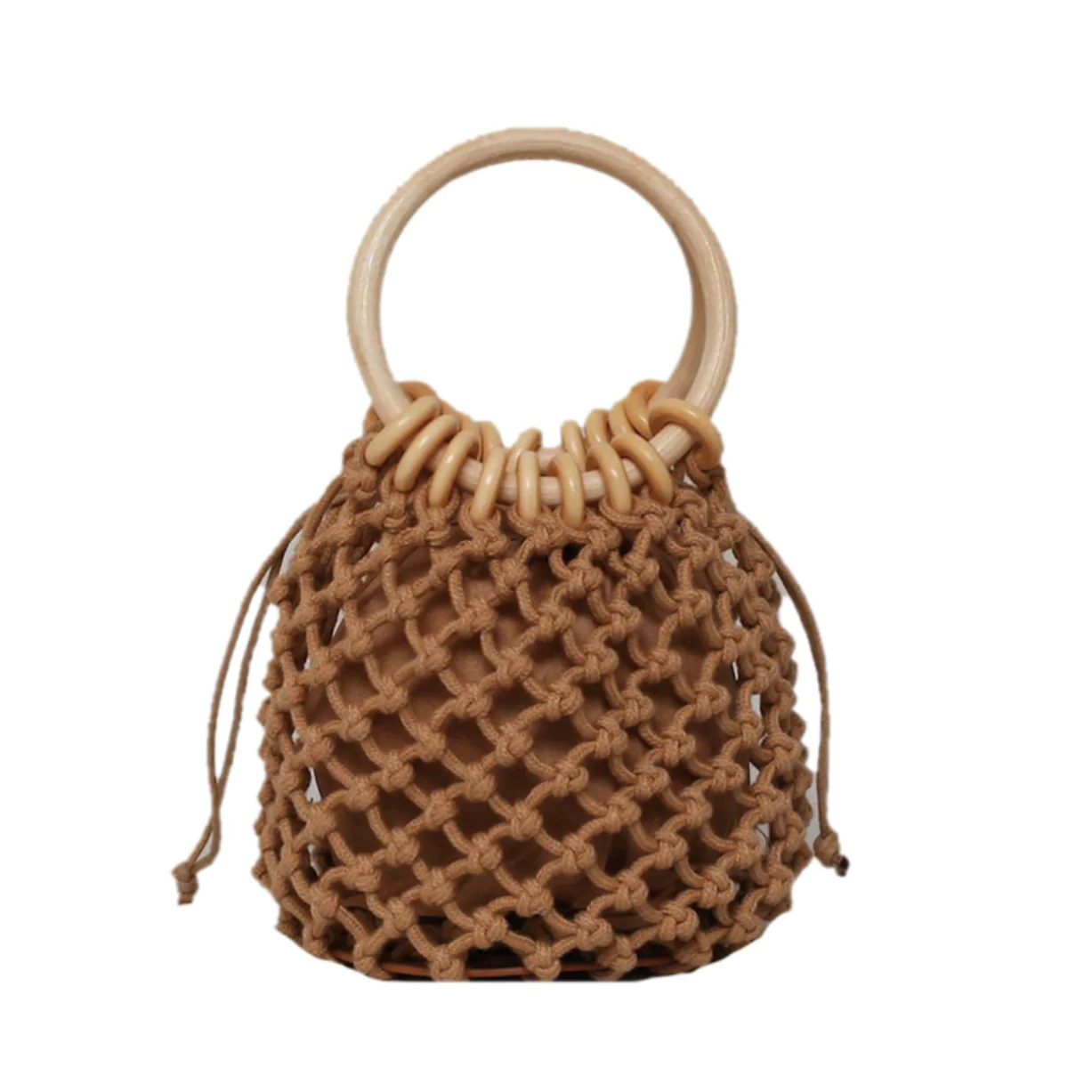 A stylish Summer Crochet Bag featuring a ratten ring handle, made from eco-friendly cotton rope and vegan leather, available in brown and off-white.