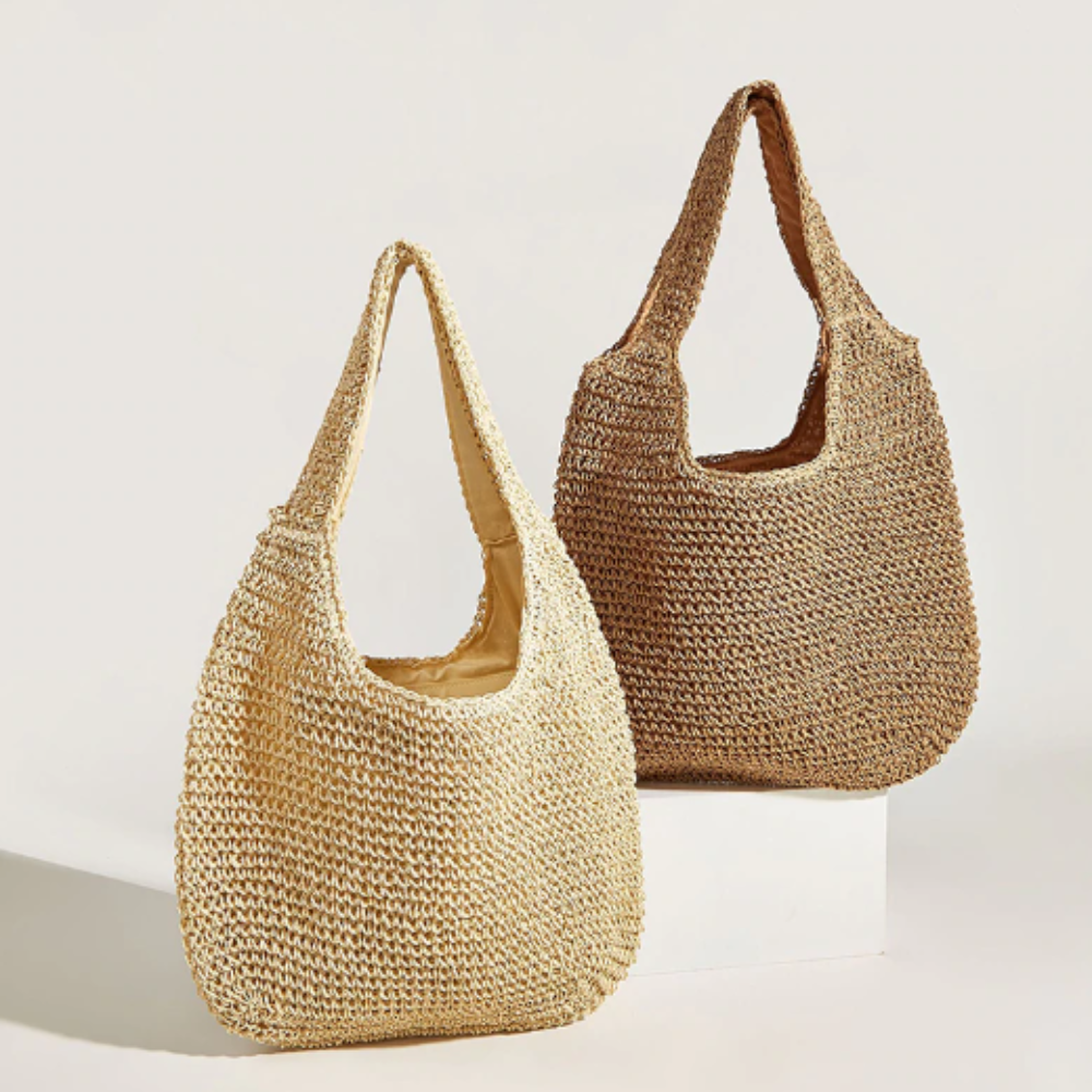 A stylish Summer Shoulder Straw Tote made of durable straw material, featuring a spacious interior and a trendy design, perfect for summer outings.