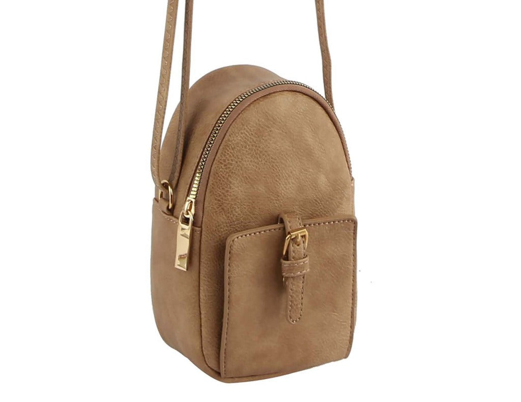 Theo Stone Mini Crossbody Bag in stone-tone vegan leather with gold-tone hardware and adjustable strap.