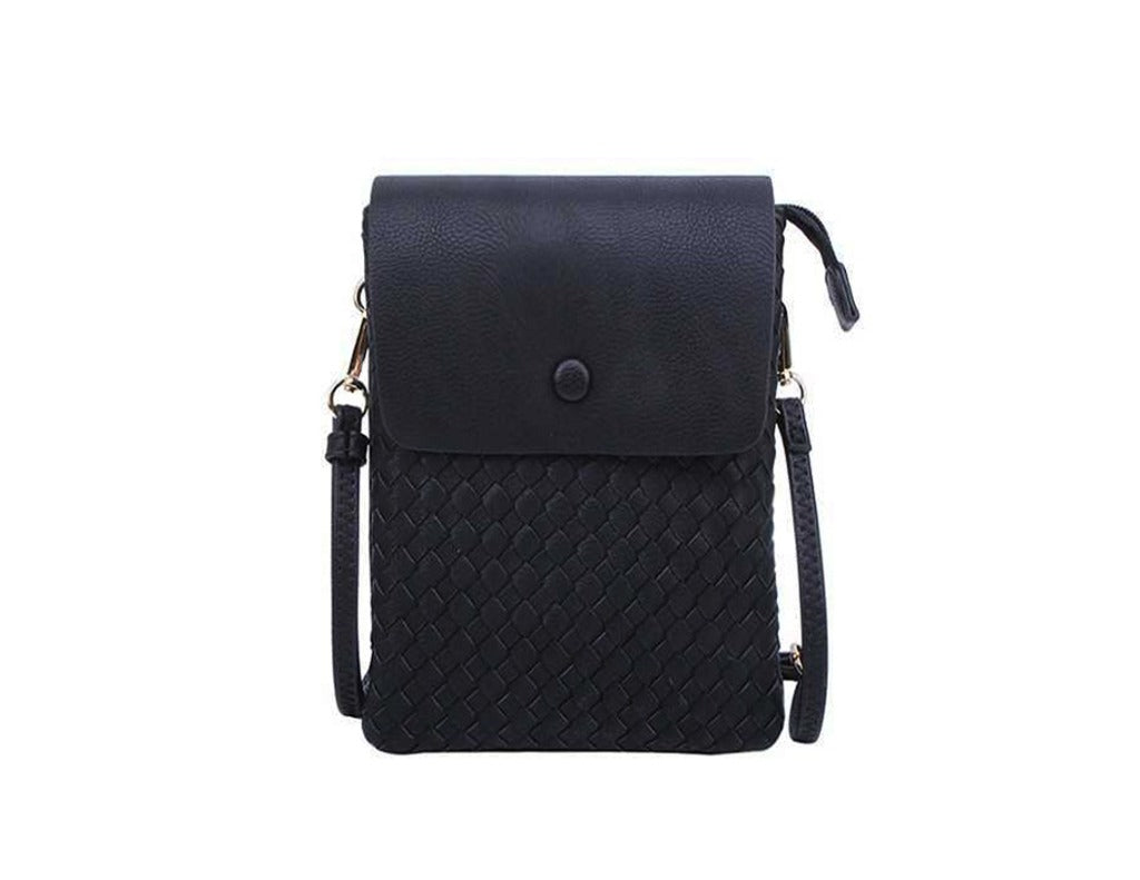 Timmy Woods Oliva black vegan leather crossbody bag with crisscross design and adjustable strap.