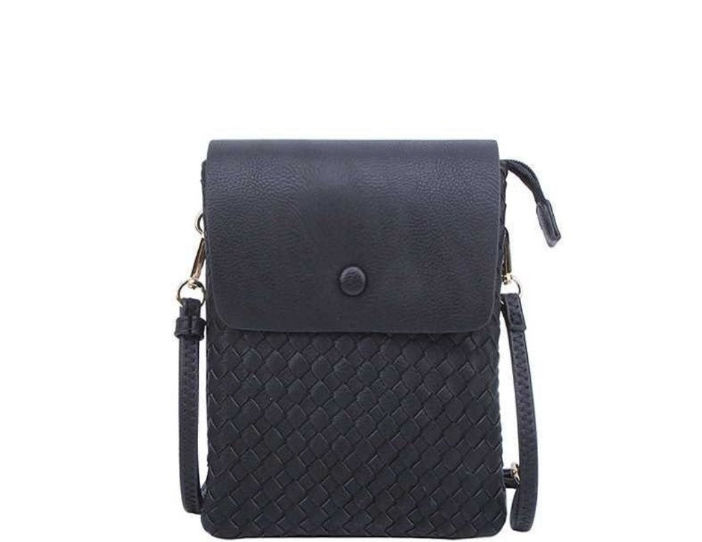 Timmy Woods Oliva black vegan leather crossbody bag with crisscross design and adjustable strap.