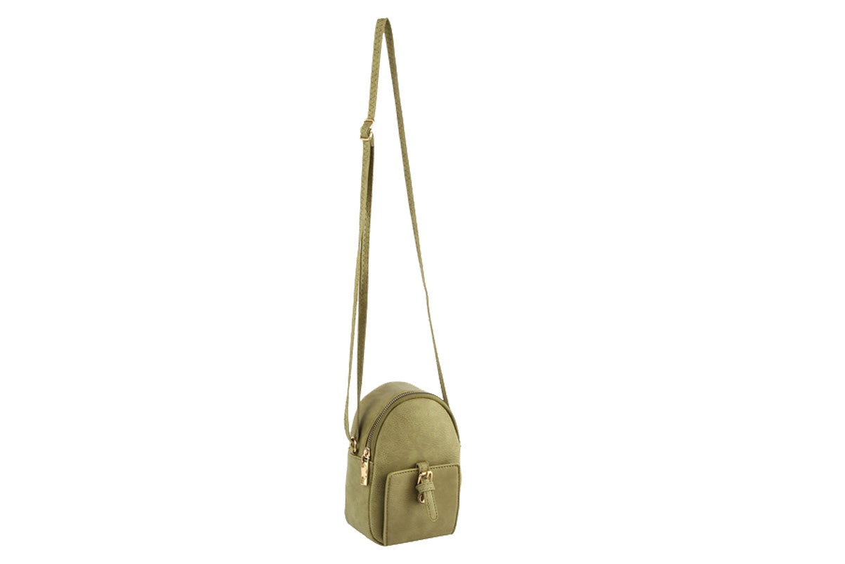 Tizzy Sage Mini Crossbody Bag in vegan leather with gold-tone hardware, featuring a zip top closure and adjustable strap.