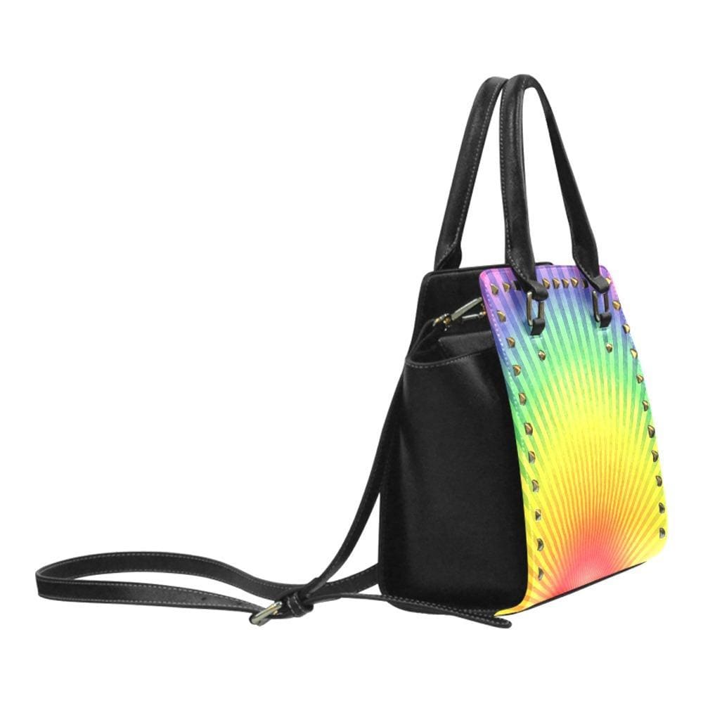 Top Handle Leather Handbag featuring a Rainbow Radial Rivet Design, showcasing its stylish and personalized look.