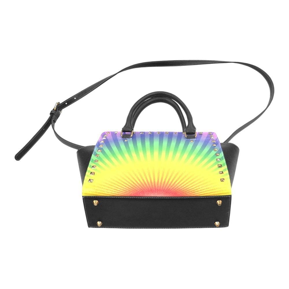 Top Handle Leather Handbag featuring a Rainbow Radial Rivet Design, showcasing its stylish and personalized look.