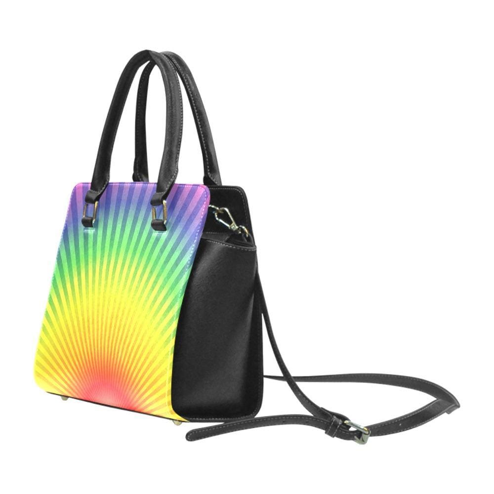 Top Handle Leather Handbag featuring a Rainbow Radial Rivet Design, showcasing its stylish and personalized look.